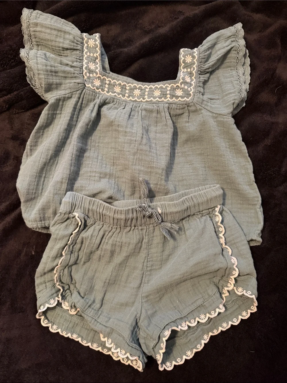 Old Navy Green Gauze Top and Shorts Set with White Trim